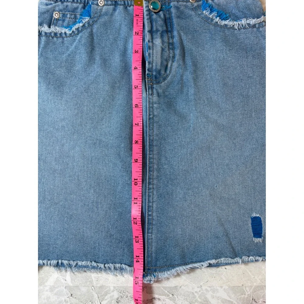 Route 66 Girls Y2K Denim Mini Skirt Blue Distressed Raw Hem Size 8
